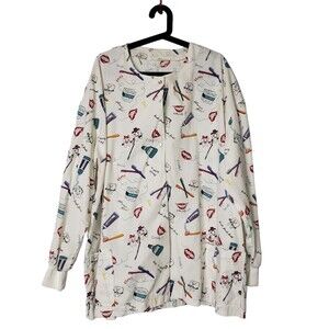 DENTAL ASSISTANT Snap Front White Cotton Scrub Top Fits Plus Size XL to 1XL